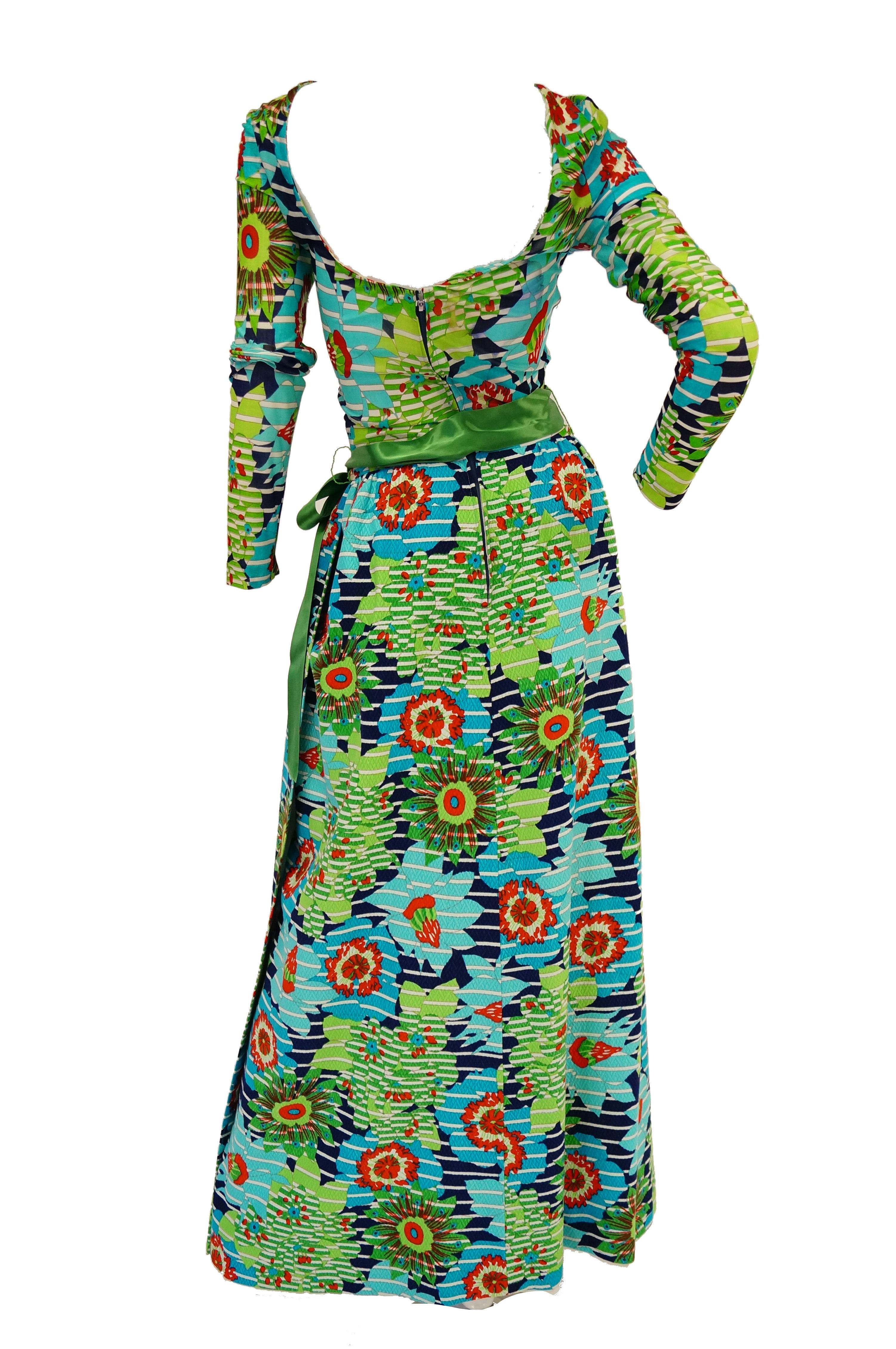 1970s Lanvin Vibrant Green and Blue Floral Dress w/ Sheer Bodice
