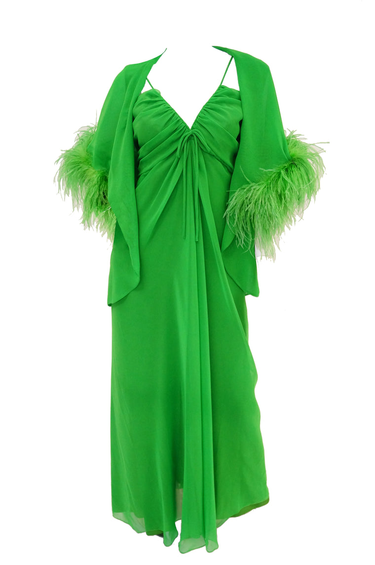 1970s Custom Isabell Gerhart Green Evening Dress with Ostrich Feather Bolero