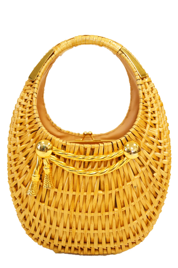 1950s Koret Crescent Flat Reed Basket Handbag with Gold Tassel