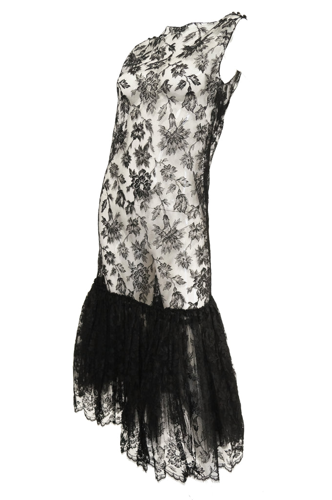 1920s Sheer Black Lace Fluted Ruffle Dress