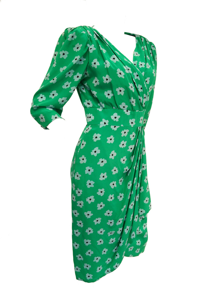 1980s Nina Ricci Green Floral Silk Dress
