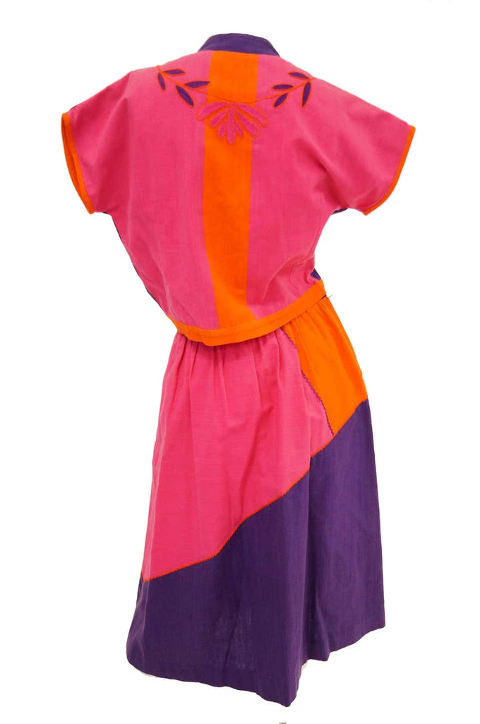 1960s Josefa Pink, Orange, and Purple Embroidered Mexican Shirt and Top