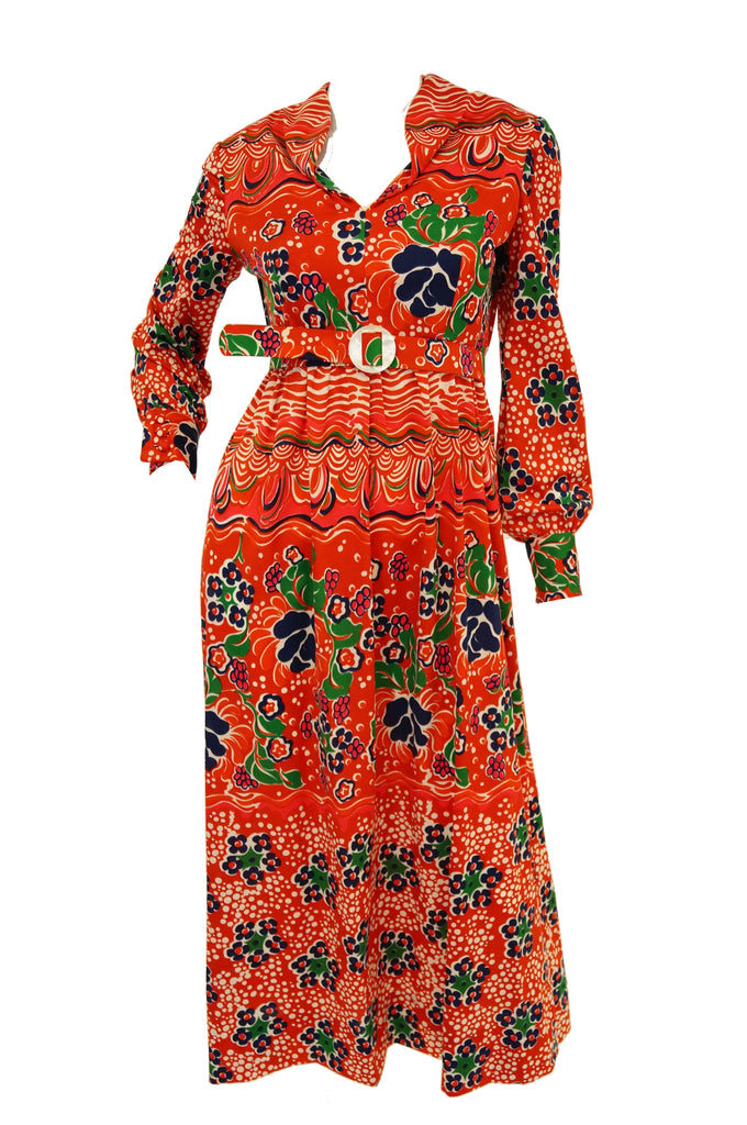 1970s Joan Leslie Red Floral Knit Wear Maxi Dress