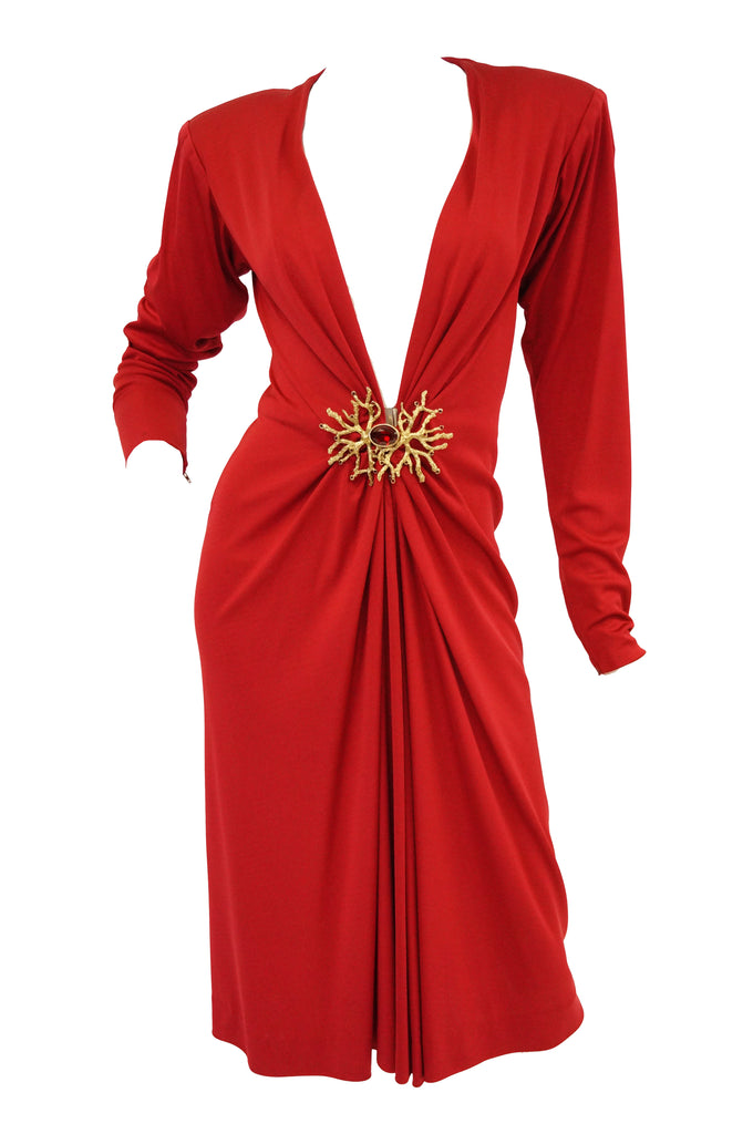 1980s Yves Saint Laurent Silk Jersey Red Plunge Front Dress