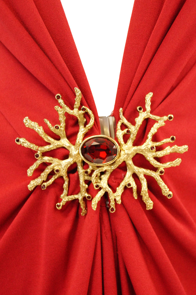1980s Yves Saint Laurent Silk Jersey Red Plunge Front Dress