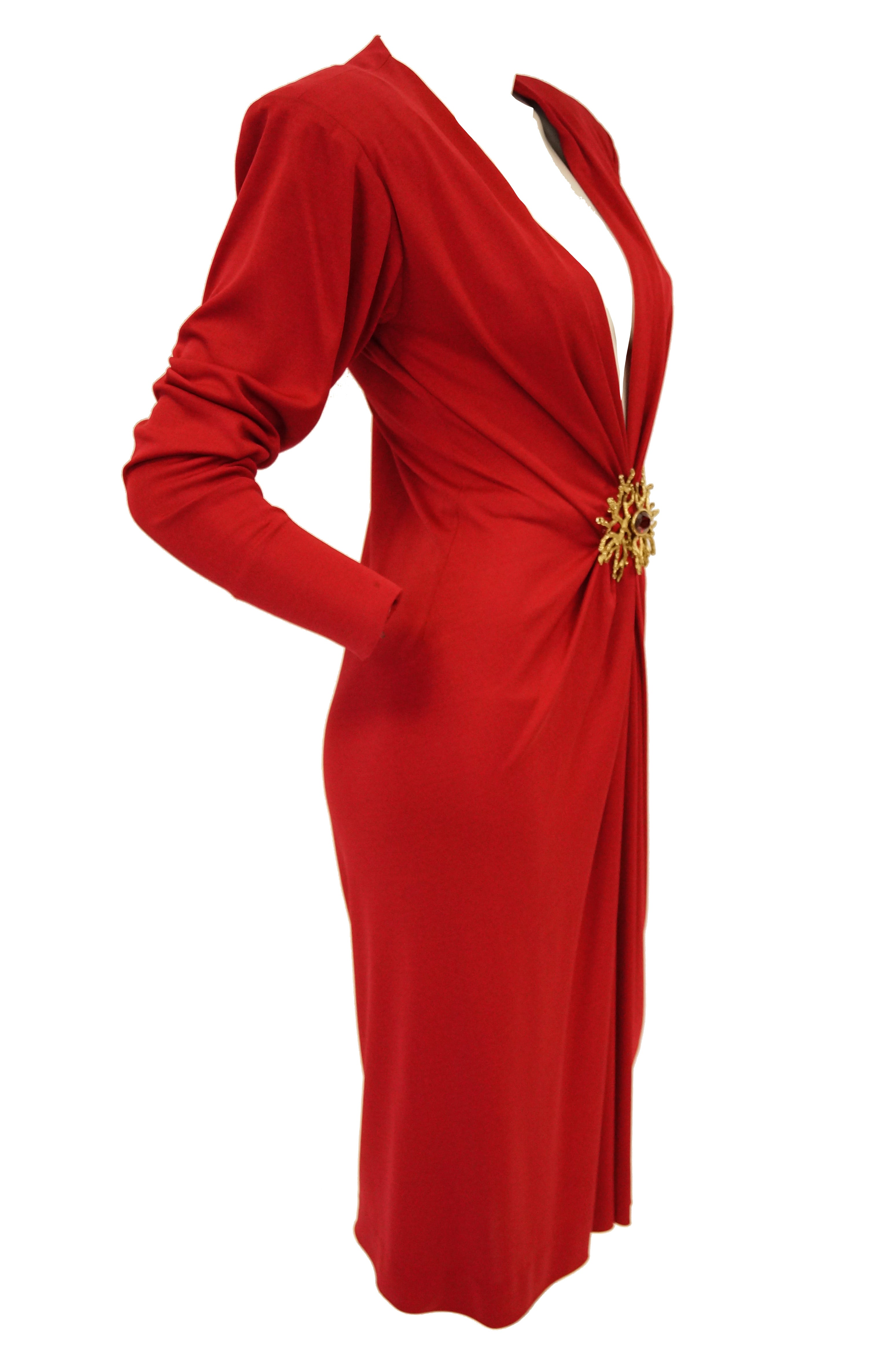Yves Saint Laurent Silk Jersey Red Plunge Front Dress - MRS Couture