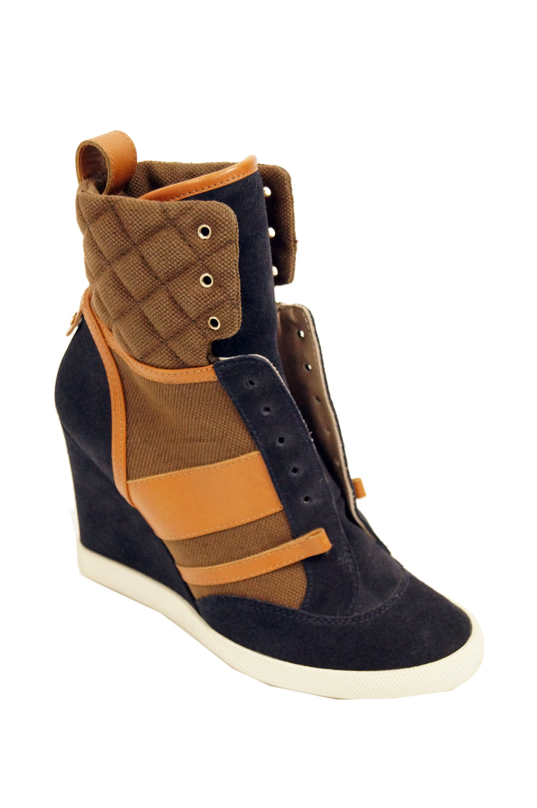Chloé Blue and Brown Suede, Leather and Canvas Wedge Sneakers