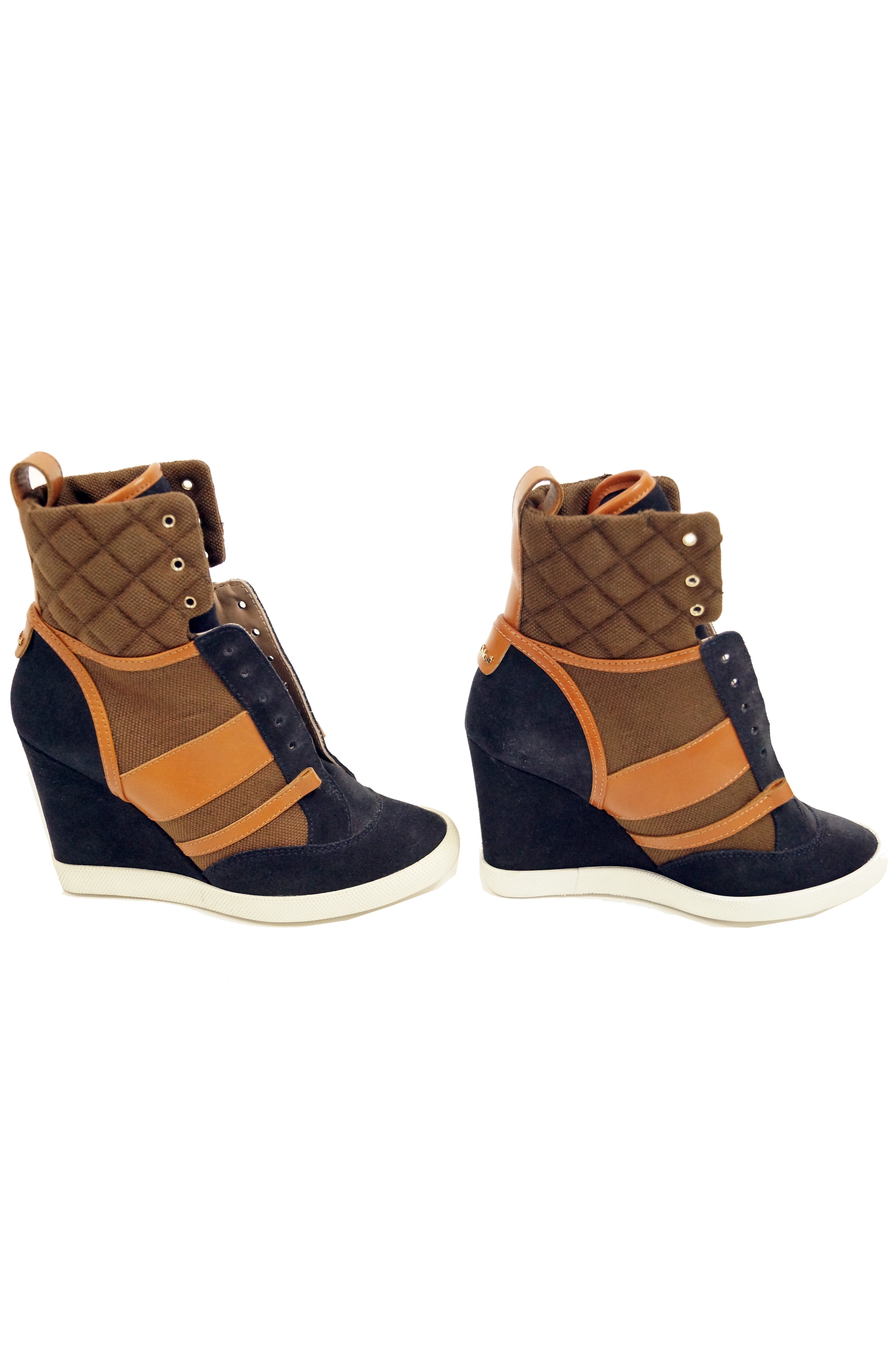 Blue and Brown Suede, Leather and Canvas Wedge -