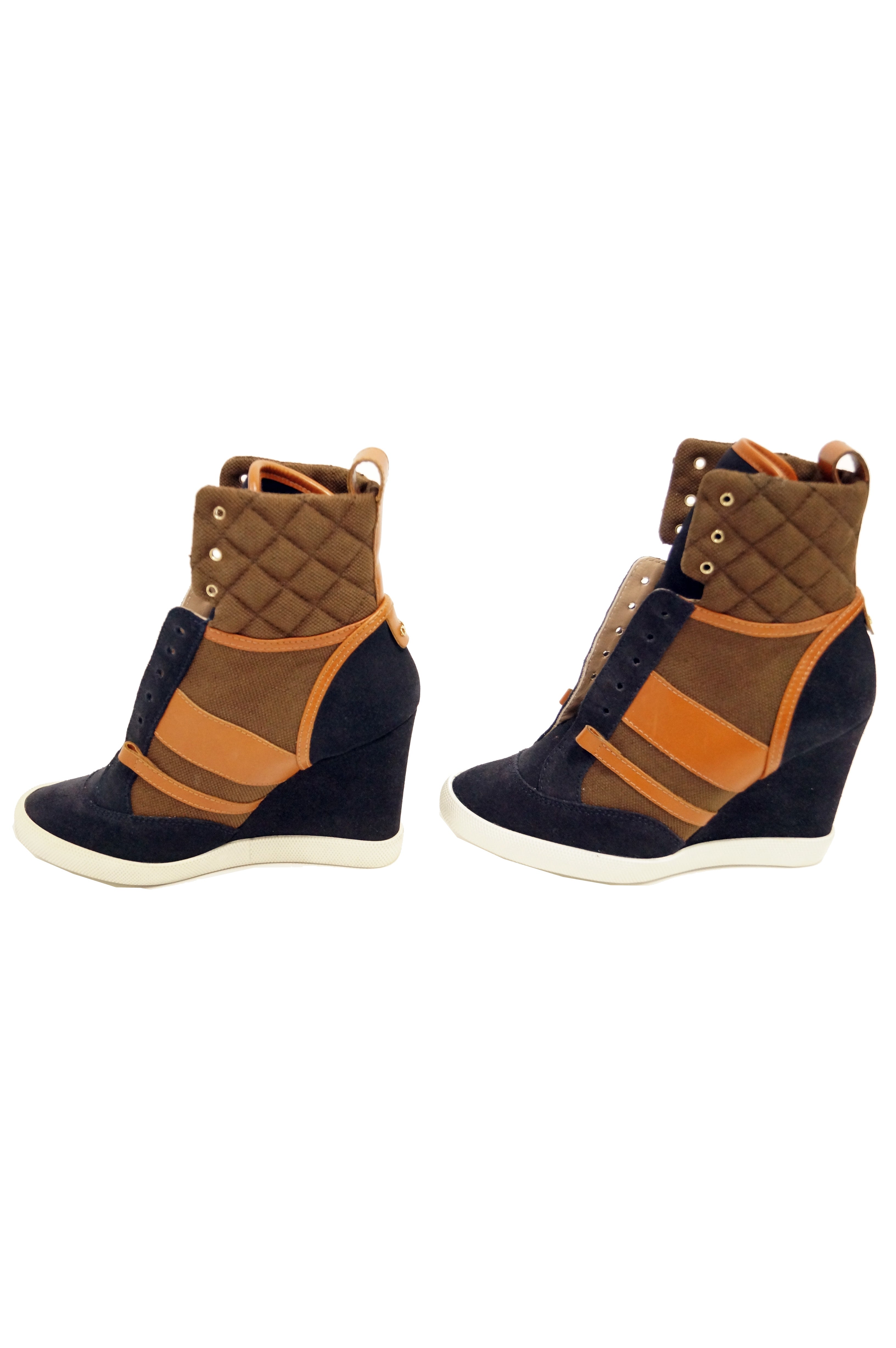 Blue and Brown Suede, Leather and Canvas Wedge -