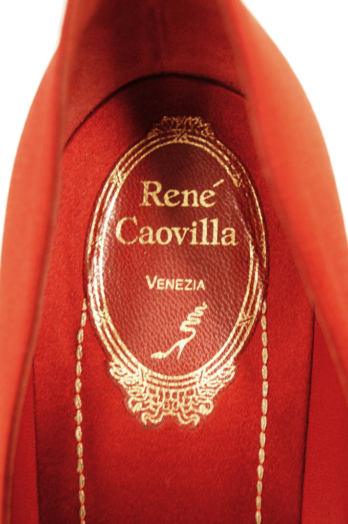 Rene Caovilla Red Satin Pointed Heels with Gold and Rhinestone Accent