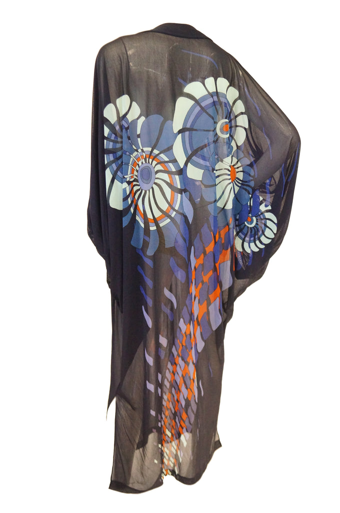 Vintage Sheer Black Batwing Caftan with Blue Op Art Floral Print