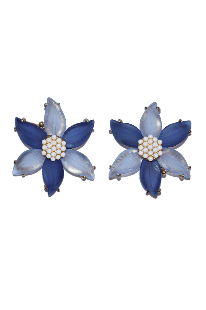 1970s Elsa Schiaparelli Blue Frosted Glass Floral Earrings