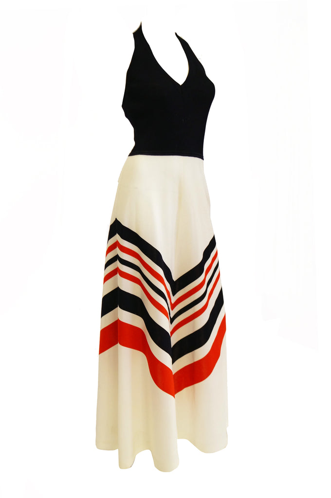 1970s Red, White, and Blue Chevron Halter Maxi Dress with Shawl