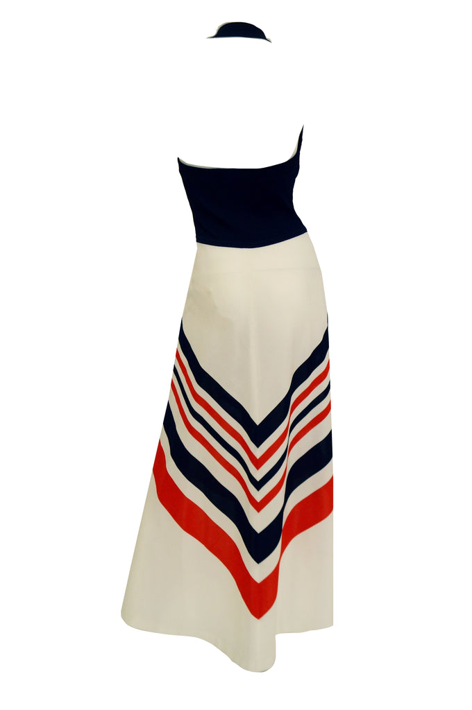 1970s Red, White, and Blue Chevron Halter Maxi Dress with Shawl