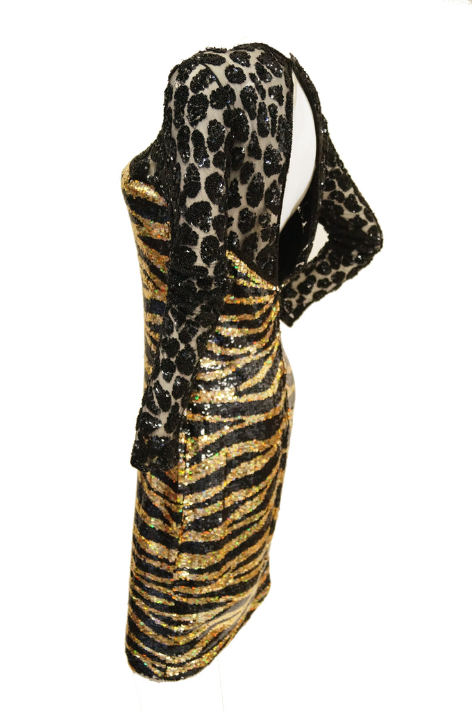 1980s Naeem Khan Black and Gold Tiger and Cheetah Sequin Silk Dress