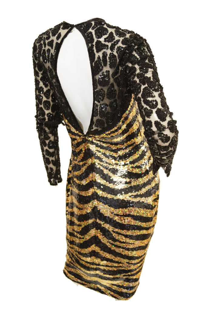 1980s Naeem Khan Black and Gold Tiger and Cheetah Sequin Silk Dress