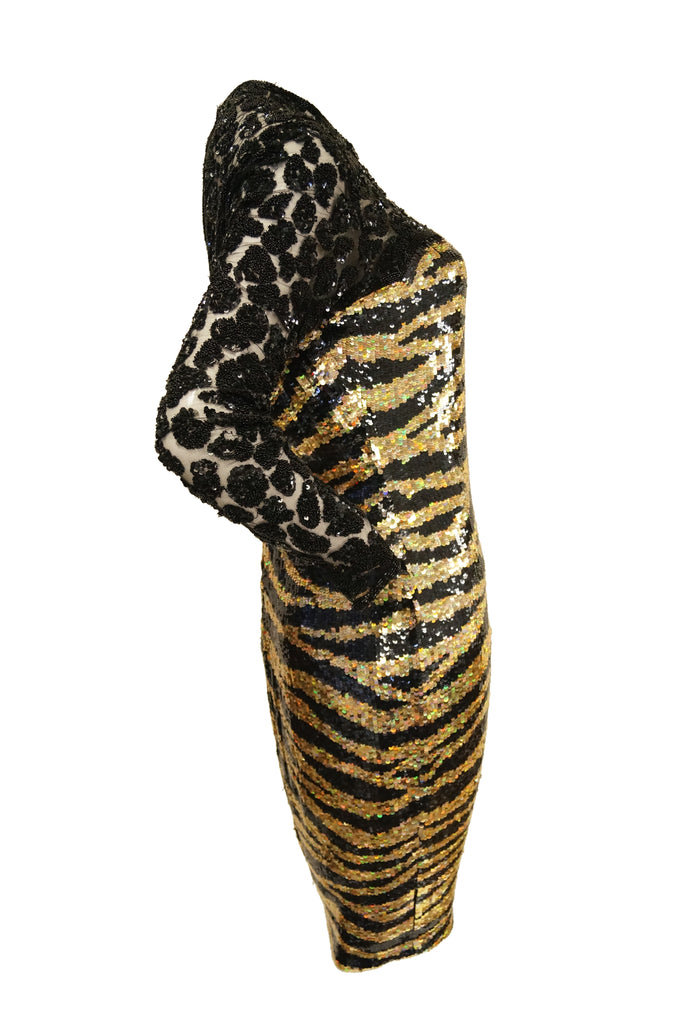 1980s Naeem Khan Black and Gold Tiger and Cheetah Sequin Silk Dress