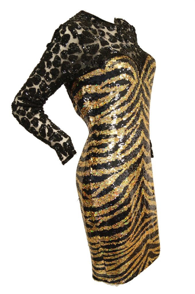 1980s Naeem Khan Black and Gold Tiger and Cheetah Sequin Silk Dress