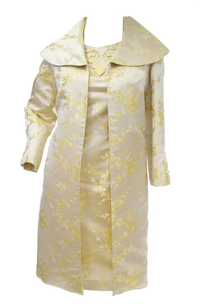 1960s Hong Kong Gold Cherry Blossom Floral Brocade Cocktail Dress and Coat