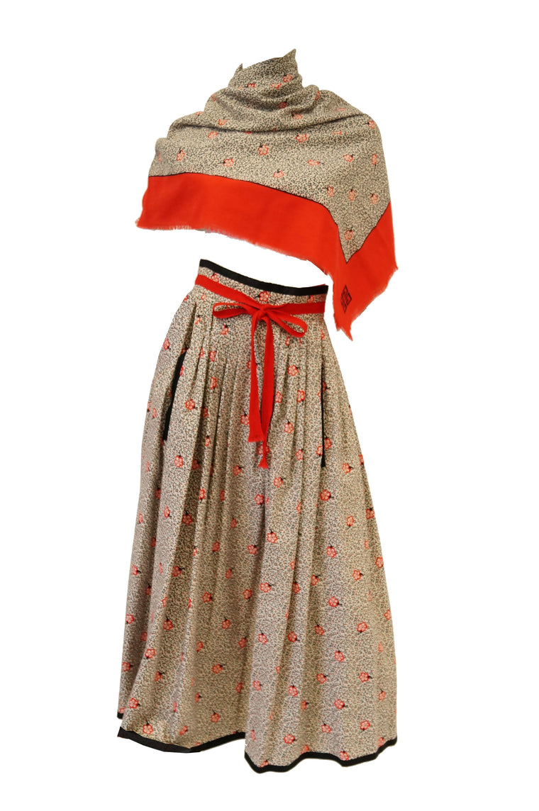 1970s Givenchy Red and Black Floral Midi Skirt and Shawl