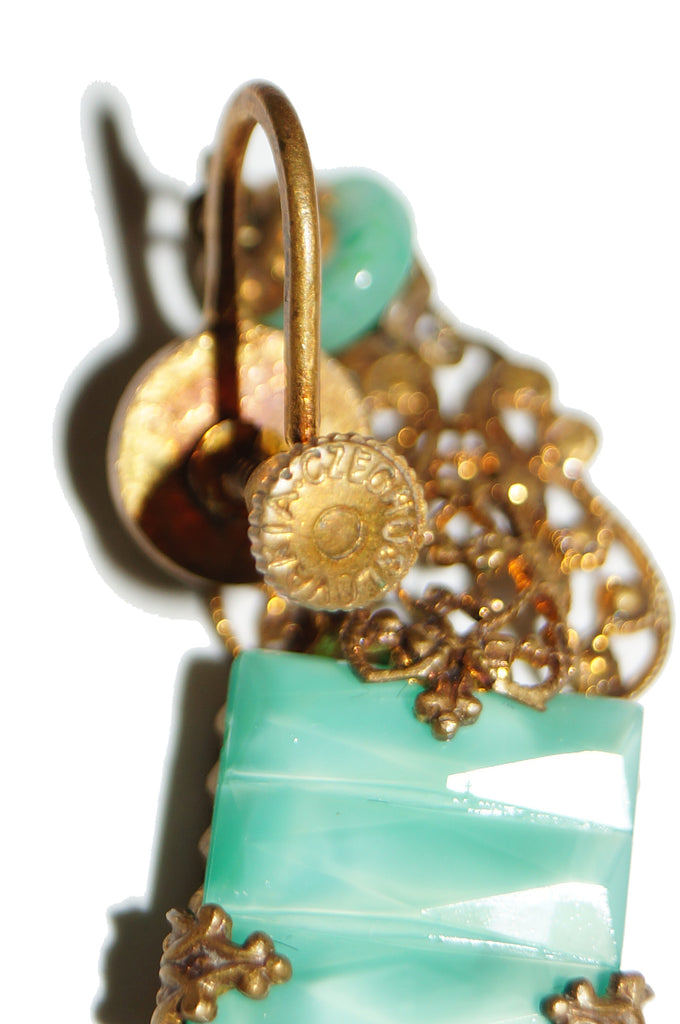 1930s Czechosolvakian Jade Glass Demi Parure with Filigree Details