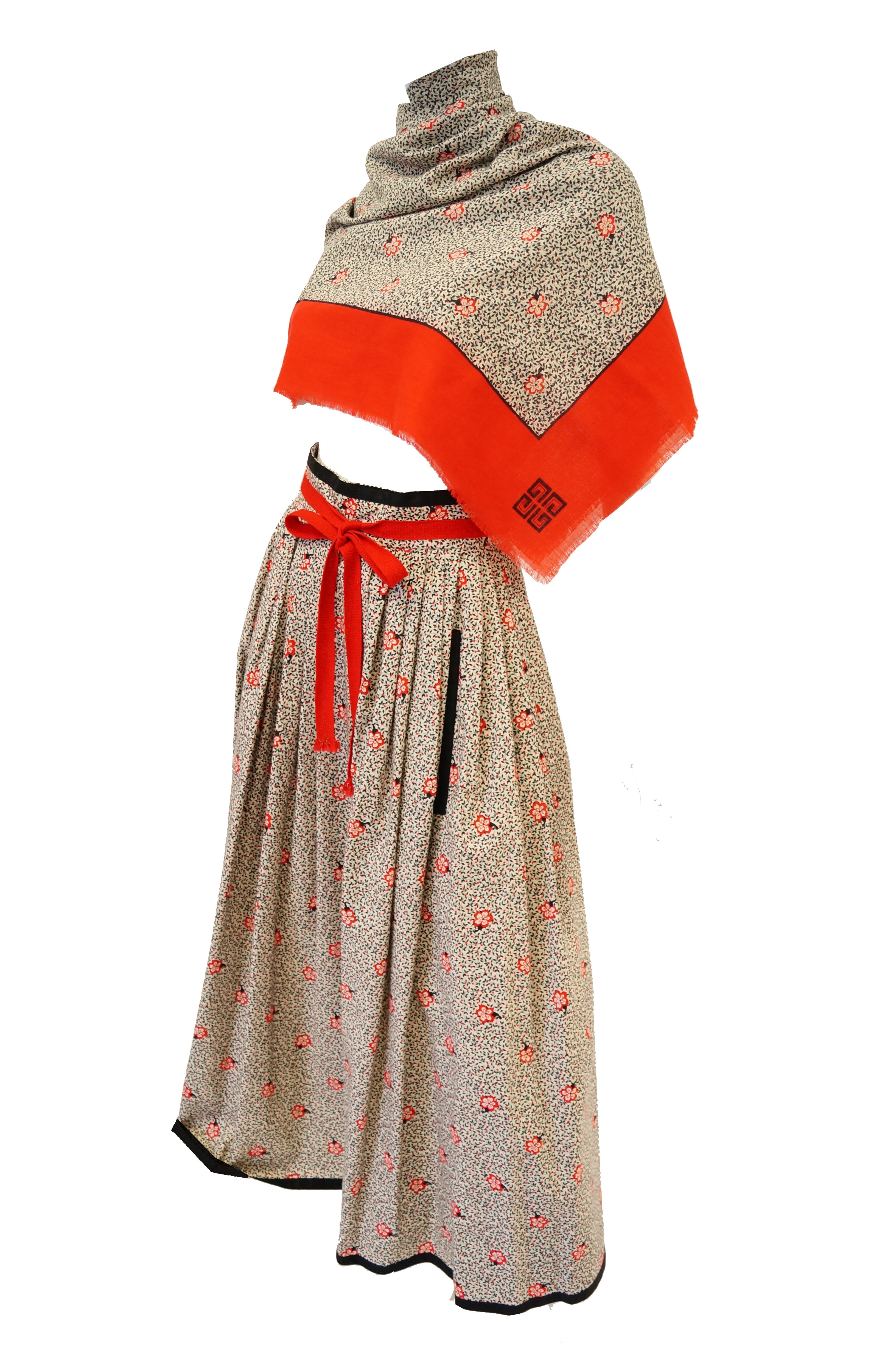 1970s Givenchy Red and Black Floral Midi Skirt and Shawl - MRS Couture