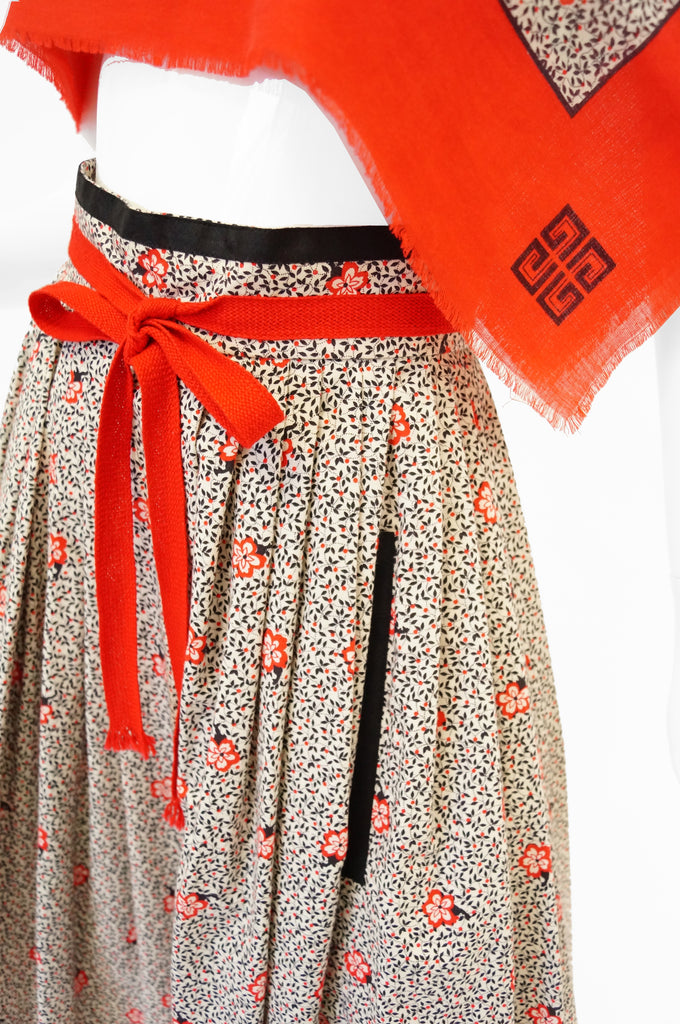 1970s Givenchy Red and Black Floral Midi Skirt and Shawl