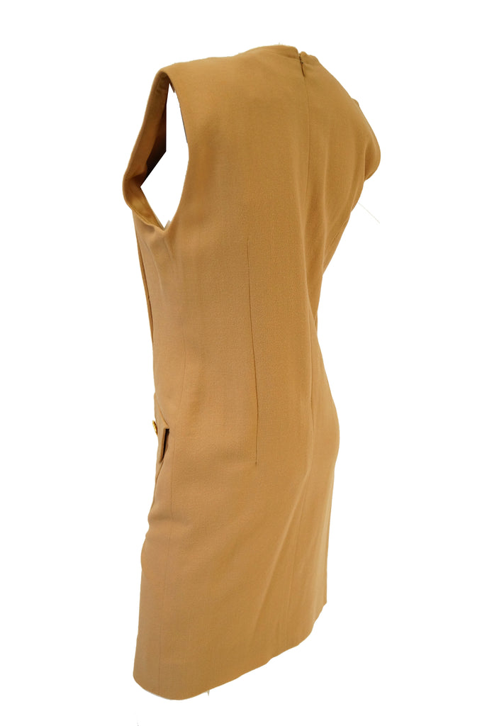 1980s Givenchy Couture Camel Wool Shift Dress w/ Gold Button and Pocket Detail