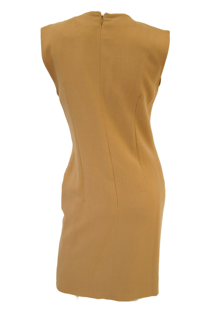 1980s Givenchy Couture Camel Wool Shift Dress w/ Gold Button and Pocket Detail