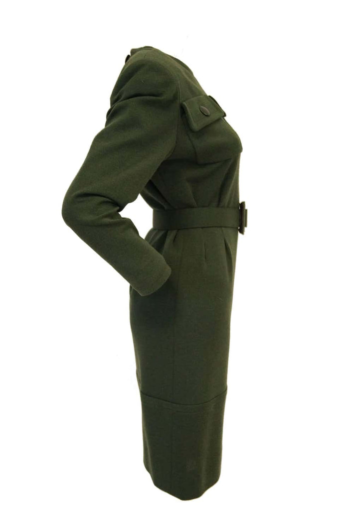 1980s Givenchy Couture Olive Green Wool Button Back Dress