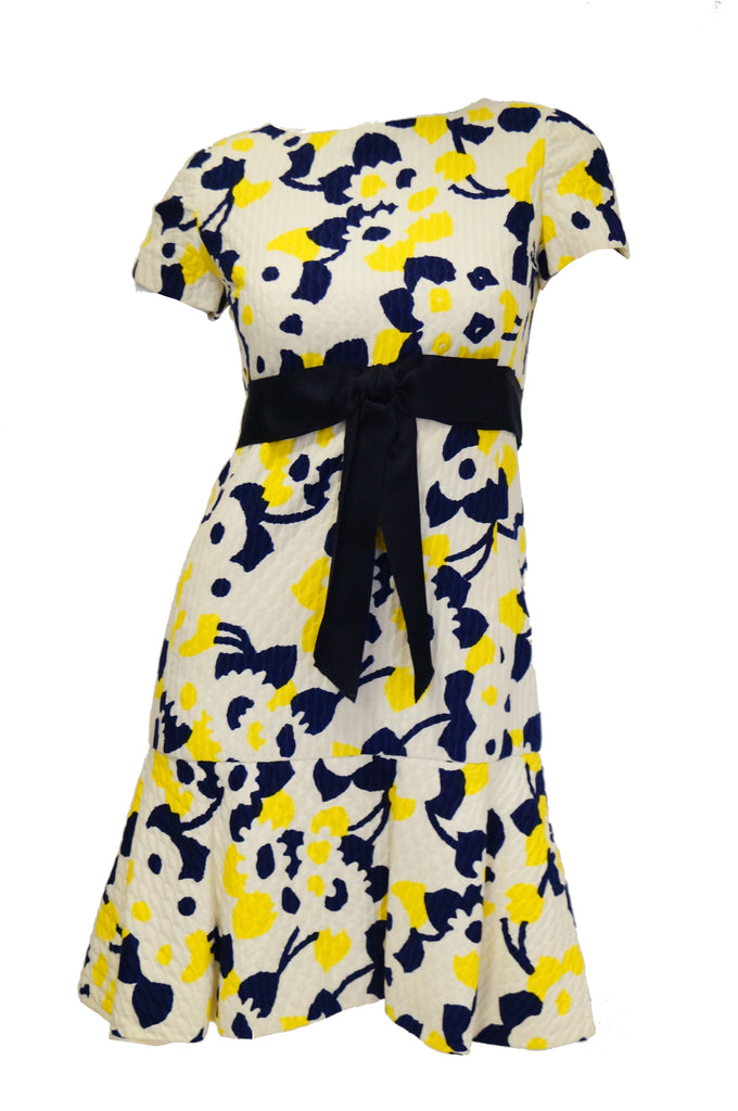 1960s Adele Simpson Blue, Yellow, and White Quilted Floral Dress