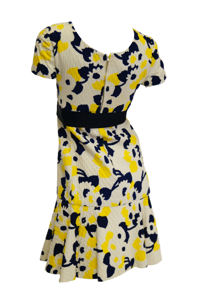 1960s Adele Simpson Blue, Yellow, and White Quilted Floral Dress
