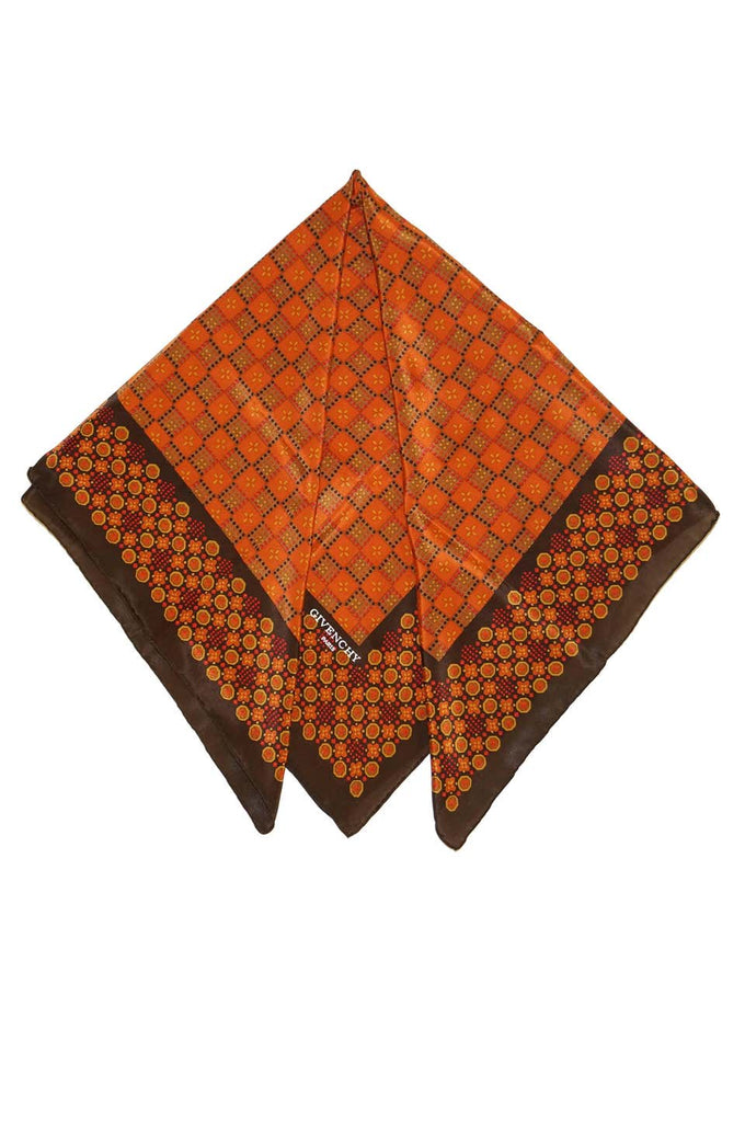 Givenchy Floral and Geometric Silk Scarf in Amber Tones, 1970s