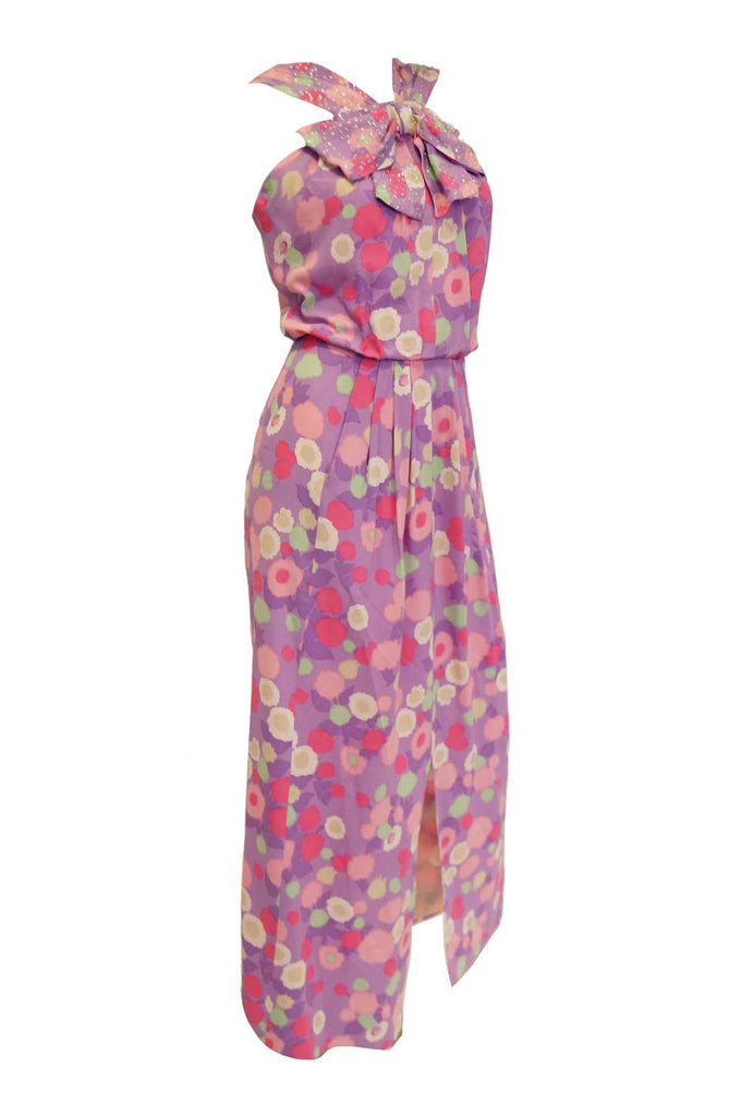 1960s Pink Floral Silk Crepe and Sequin Maxi Dress