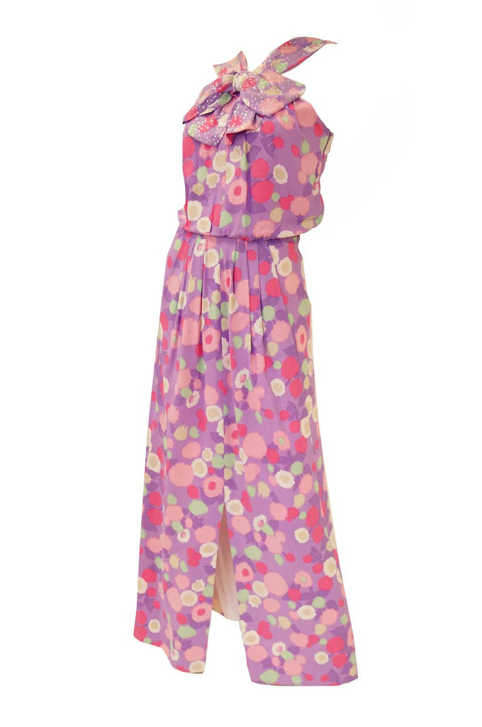 1960s Pink Floral Silk Crepe and Sequin Maxi Dress