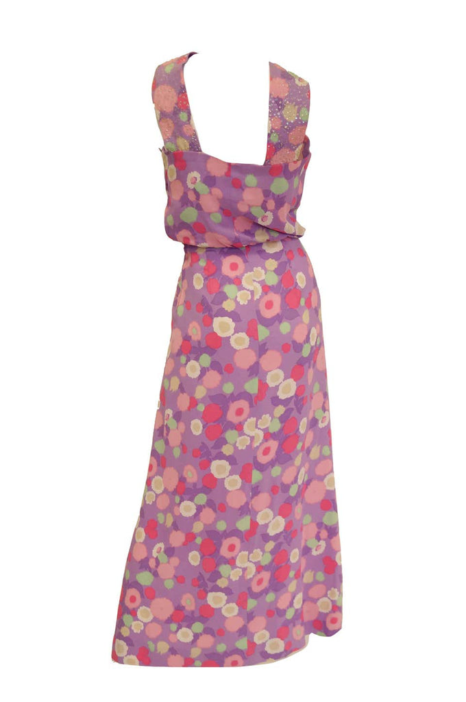 1960s Pink Floral Silk Crepe and Sequin Maxi Dress