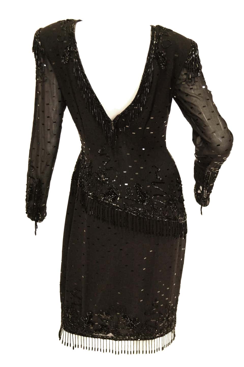 1980s Fabrice Black Silk Cocktail Dress with Floral Beading and Tassel 1980s Fabrice Black Silk Cocktail Dress with Floral Beading and Tassel
