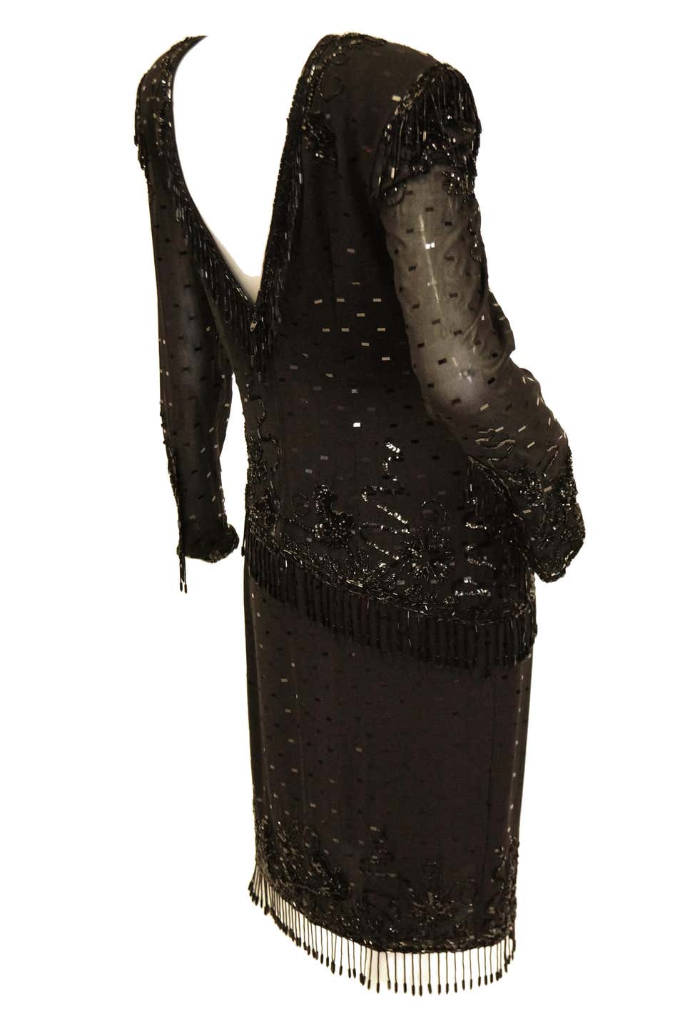 1980s Fabrice Black Silk Cocktail Dress with Floral Beading and Tassel 1980s Fabrice Black Silk Cocktail Dress with Floral Beading and Tassel