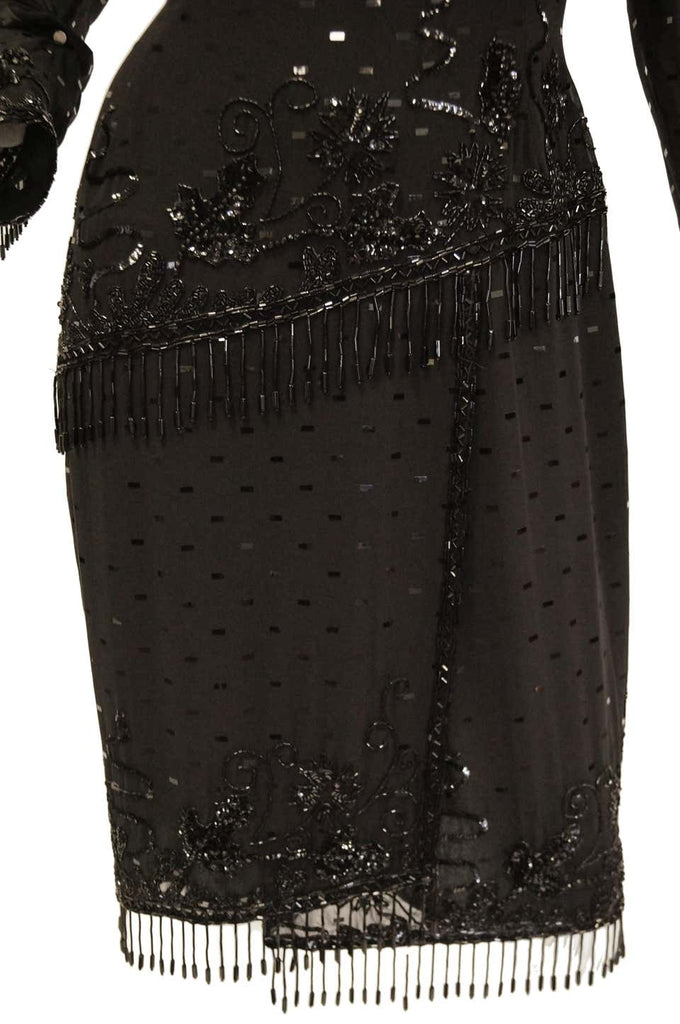 1980s Fabrice Black Silk Cocktail Dress with Floral Beading and Tassel