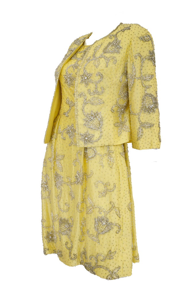 1950s Goldenrod Yellow Silk Beaded Dress and Jacket