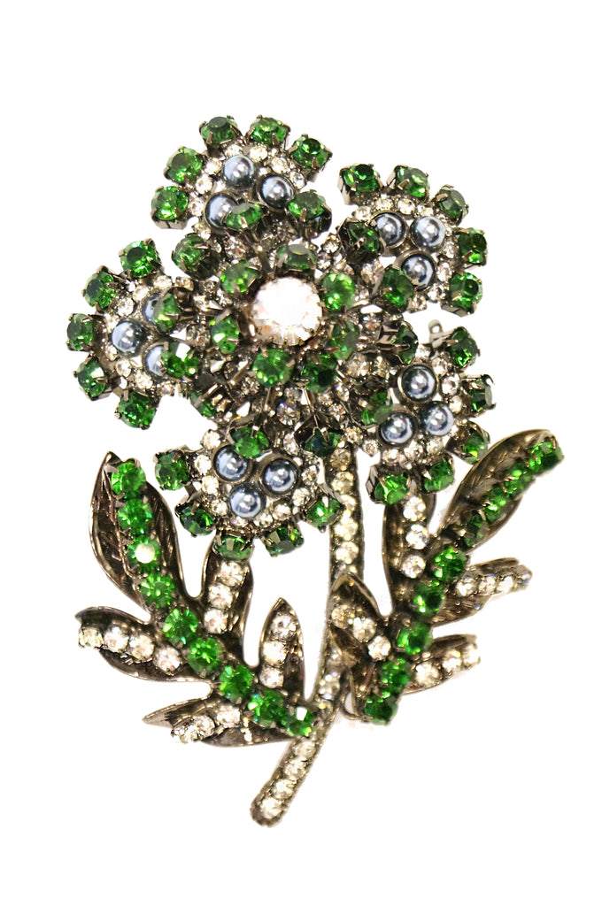 1970s Massive 6” Lawrence Vrba Green Rhinestone Flower Brooch