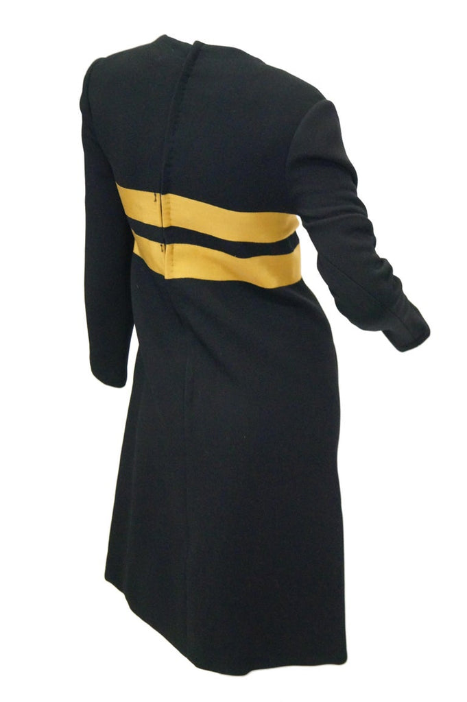 1960s Jeanne Lanvin Designed Black Wool Mod Dress with Yellow Grosgrain Buckles