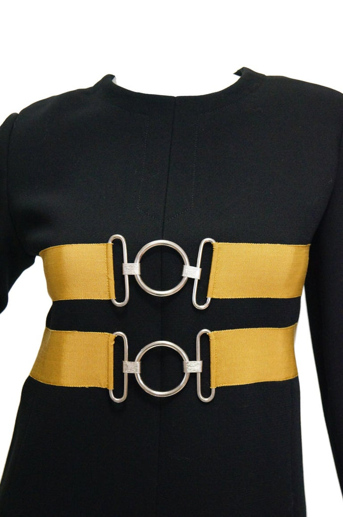 1960s Jeanne Lanvin Designed Black Wool Mod Dress with Yellow Grosgrain Buckles
