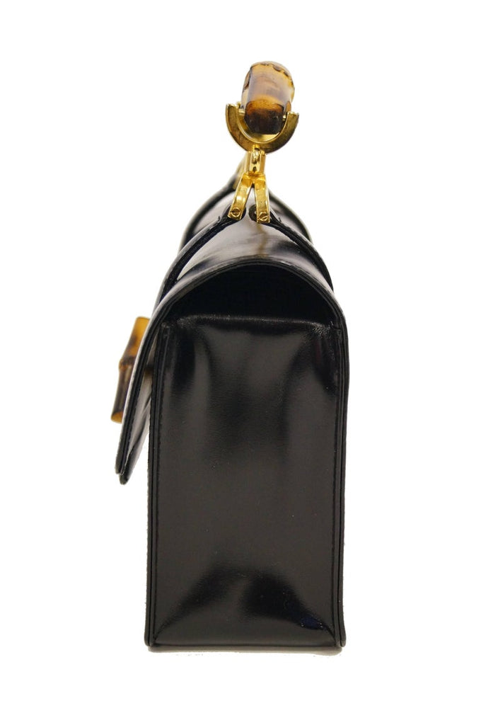 1970s Italian Black Vintage Leather Handbag with Bamboo Hardware