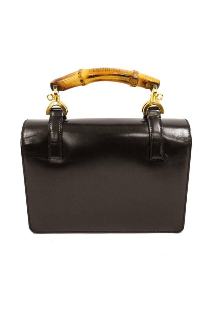 1970s Italian Black Vintage Leather Handbag with Bamboo Hardware