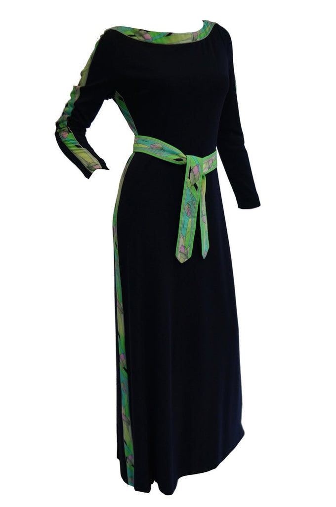 1960s Leonard Black Knit Maxi Dress with Green Floral Contrast