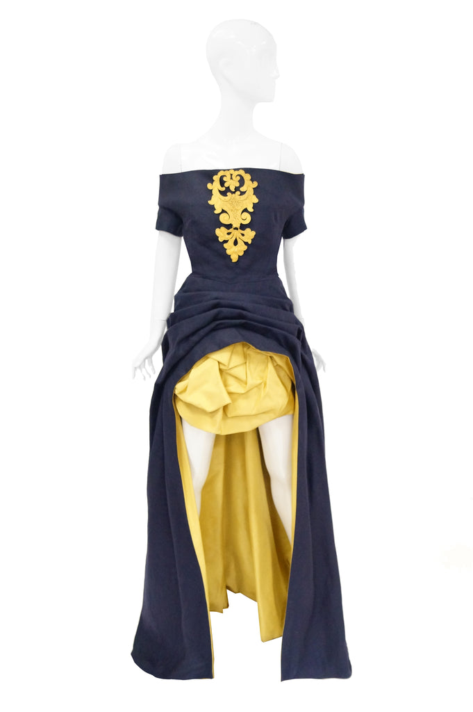 1991 Christian Lacroix Couture Navy Linen and Gold Silk Shantung Evening Gown 32
