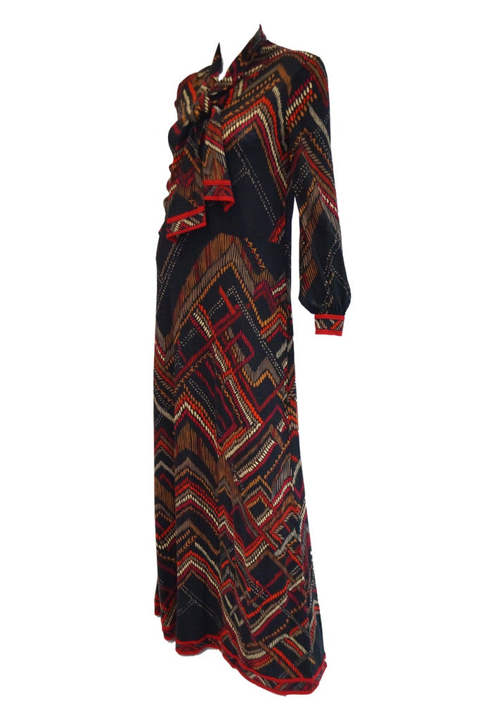 1970s NWT Leonard Black and Red Abstract Tribal Print Knit Dress NWT