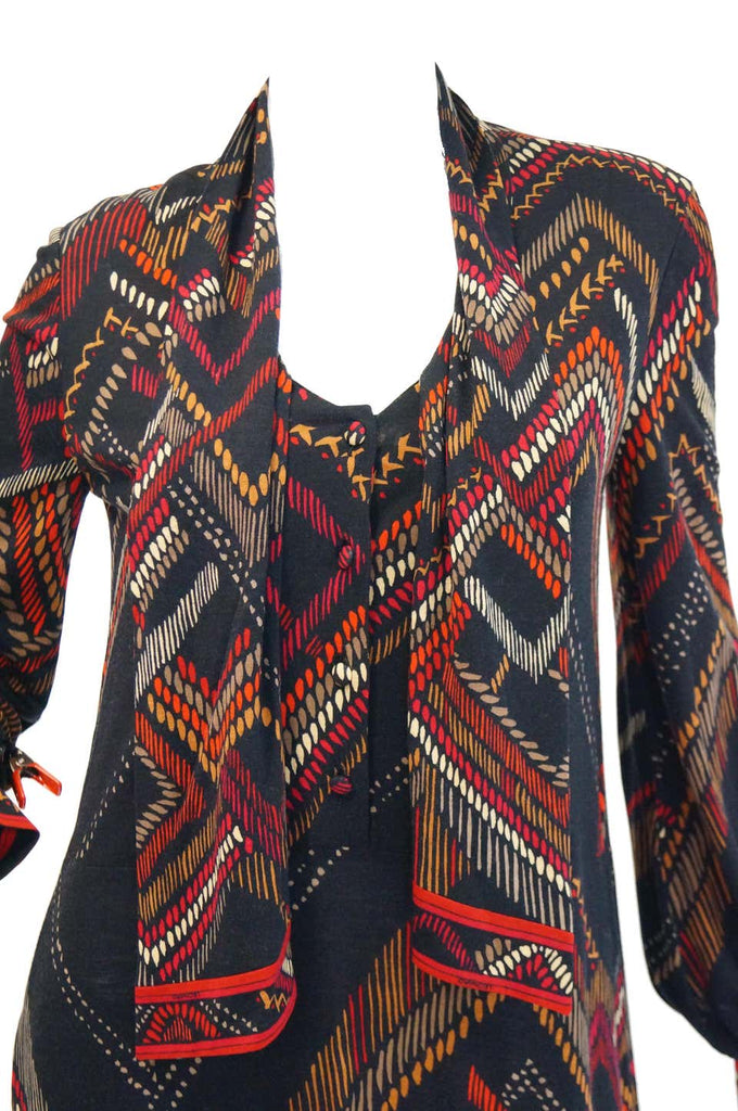 1970s Leonard Black and Red Abstract Tribal Print Nylon Jersey Dress NWT