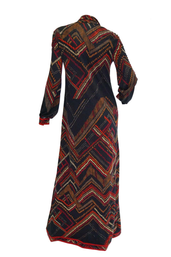 1970s Leonard Black and Red Abstract Tribal Print Nylon Jersey Dress NWT
